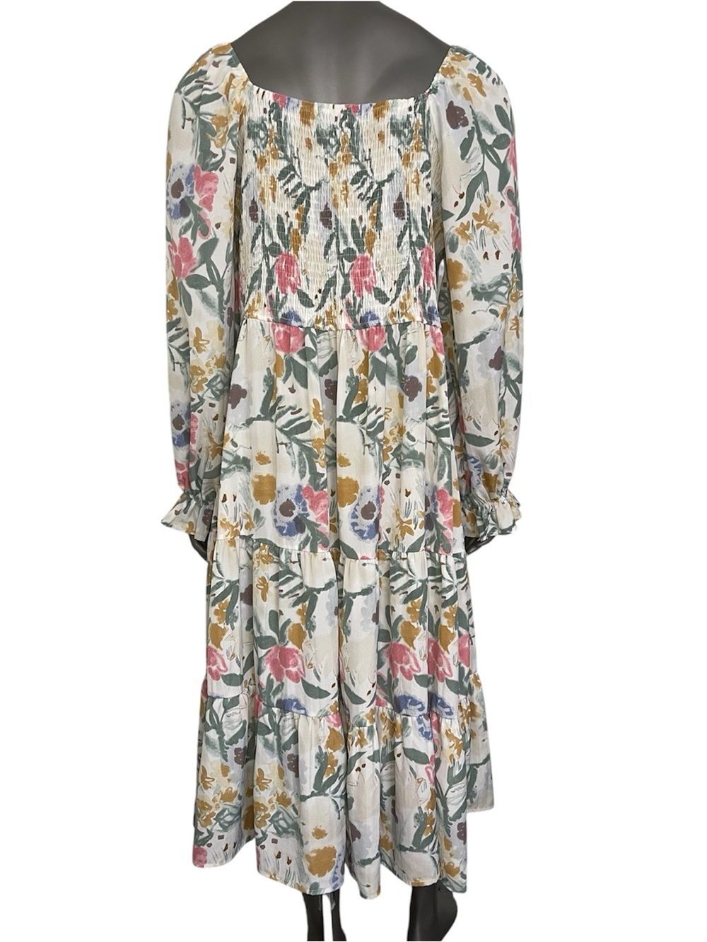 Simplee Plus Dress 3XL Smocked Midi Tiered Skirt Multi Floral Square Neck Bishop - Picture 2 of 10